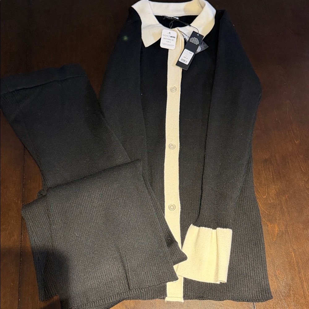 Fashion Nova Black Ribbed Cardigan with Cream Trim